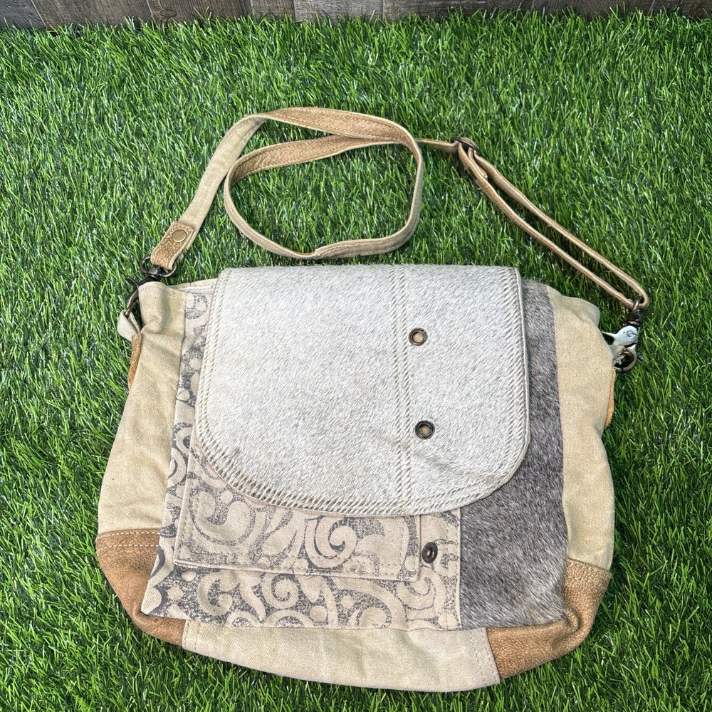 Myra Bag Crossbody Shoulder Bag Canvas & Hairon Patchwork Boho‎ Style Great Cond